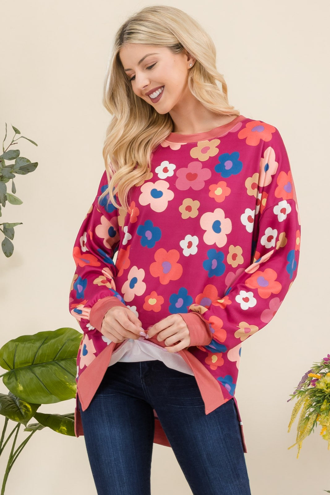 Blue Zone Planet | Celeste Full Size Side Slit Flower Print Long Sleeve Top-TOPS / DRESSES-[Adult]-[Female]-2022 Online Blue Zone Planet