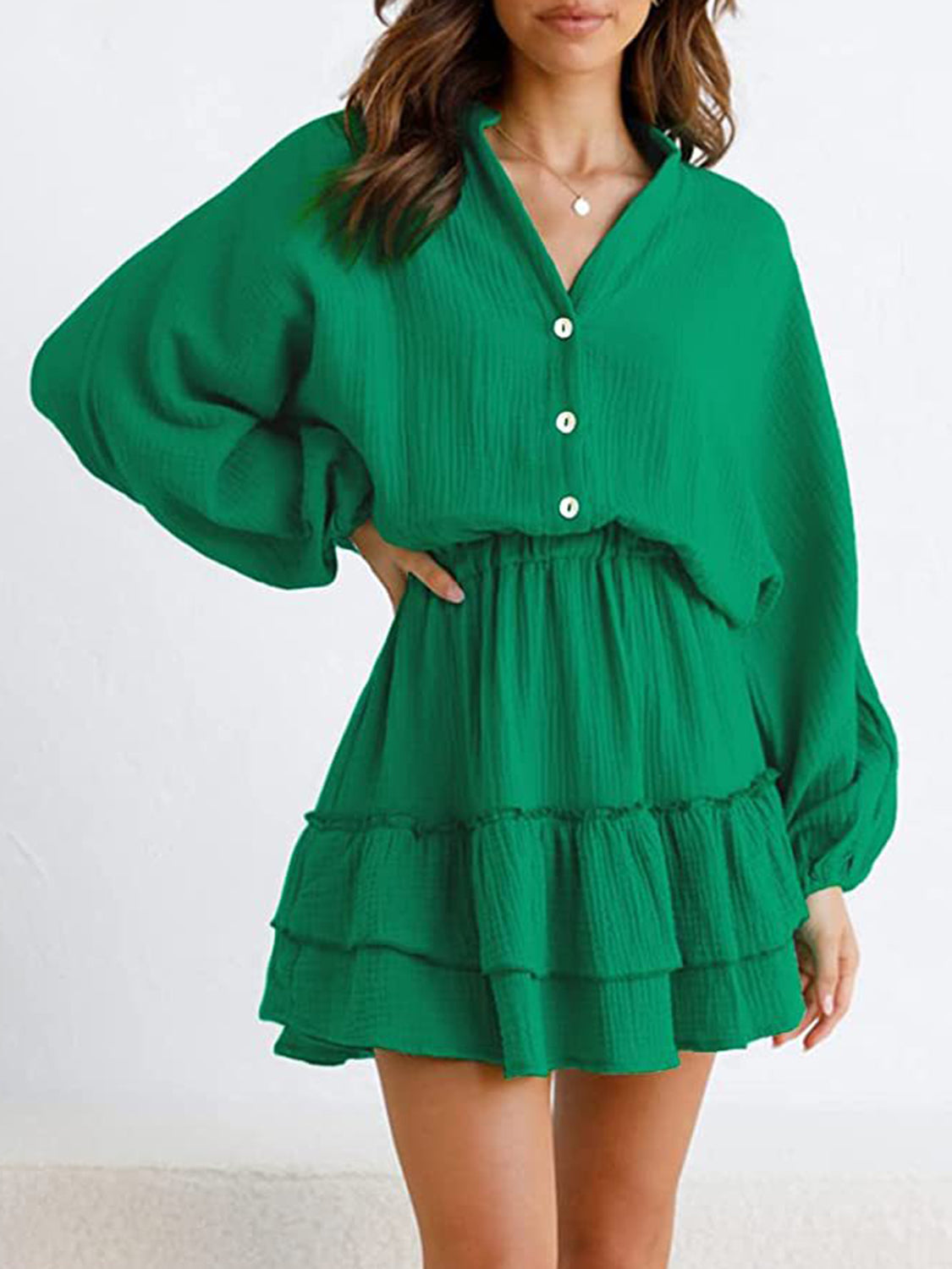 Ruffled Notched Balloon Sleeve Mini Dress-TOPS / DRESSES-[Adult]-[Female]-2022 Online Blue Zone Planet