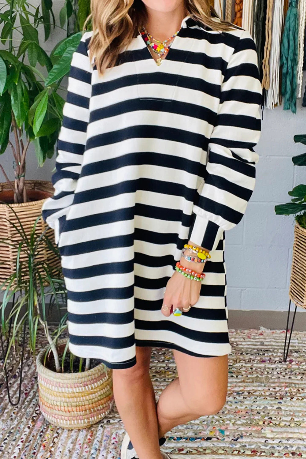 Black Stripe Polo Neck Shift Fit Sweatshirt Dress with Side Pockets-Dresses/Mini Dresses-[Adult]-[Female]-Black Stripe-XS-2022 Online Blue Zone Planet