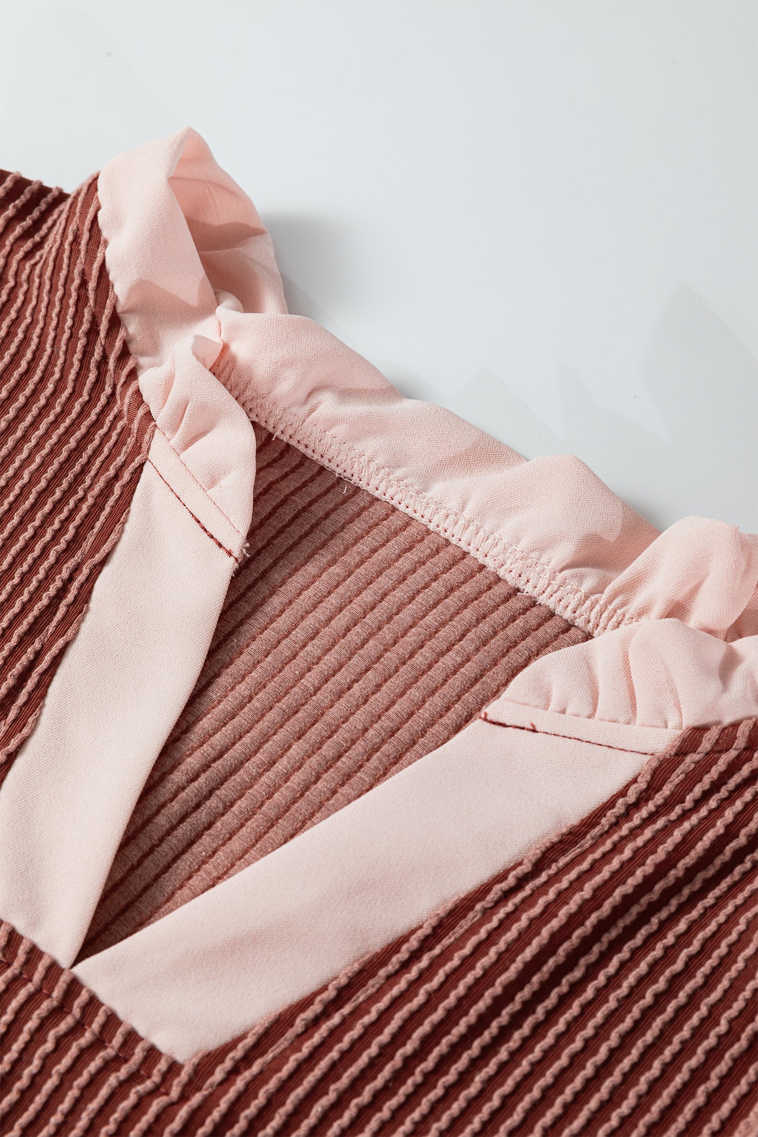 Rose Pink Plus Size Contrast Frilled Neckline Ruffled Short Sleeve Ribbed Textured Blouse-Plus Size/Plus Size Tops/Plus Size Blouses & Shirts-[Adult]-[Female]-2022 Online Blue Zone Planet
