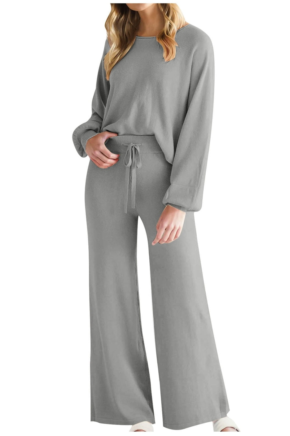 Blue Zone Planet | Round Neck Long Sleeve Top and Pants Set-TOPS / DRESSES-[Adult]-[Female]-2022 Online Blue Zone Planet