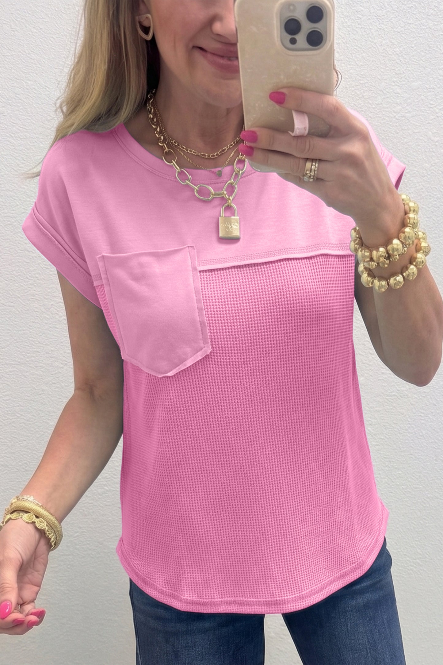 Pink Solid Color Raw Seam Waffled Patchwork Casual T Shirt-Tops/Tops & Tees-[Adult]-[Female]-2022 Online Blue Zone Planet