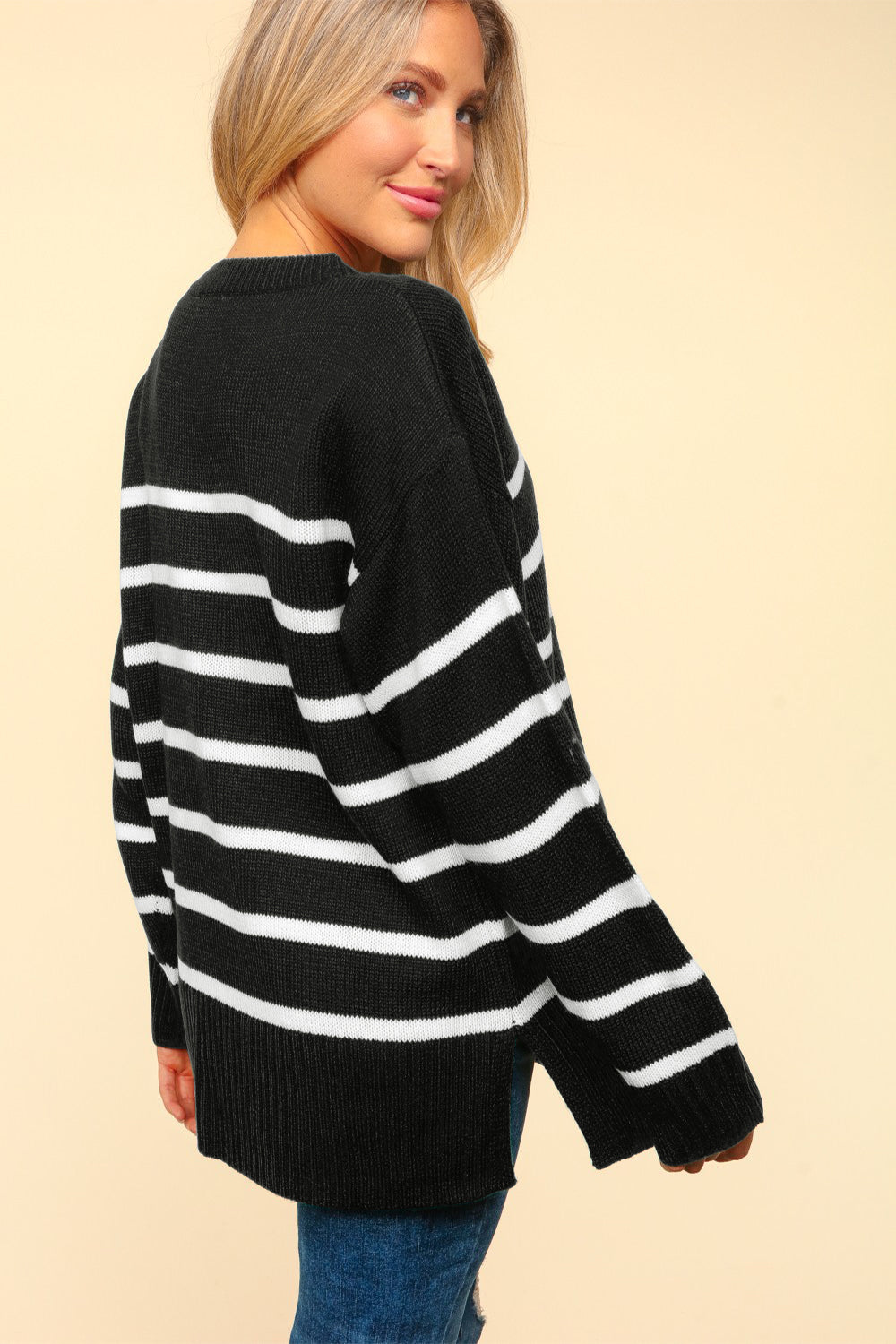 Haptics Full Size Striped Contrast Side Slit Sweater-TOPS / DRESSES-[Adult]-[Female]-2022 Online Blue Zone Planet