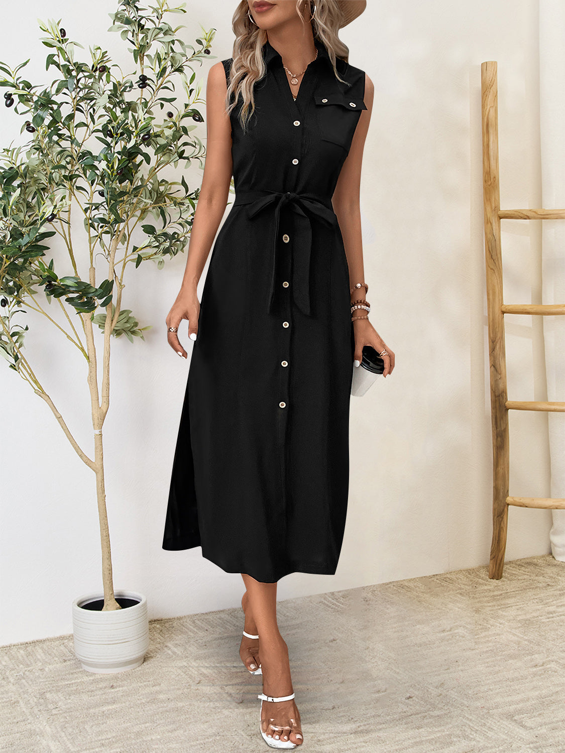 sleeveless shirt dress midi Button Up Sleeveless Midi Dress
