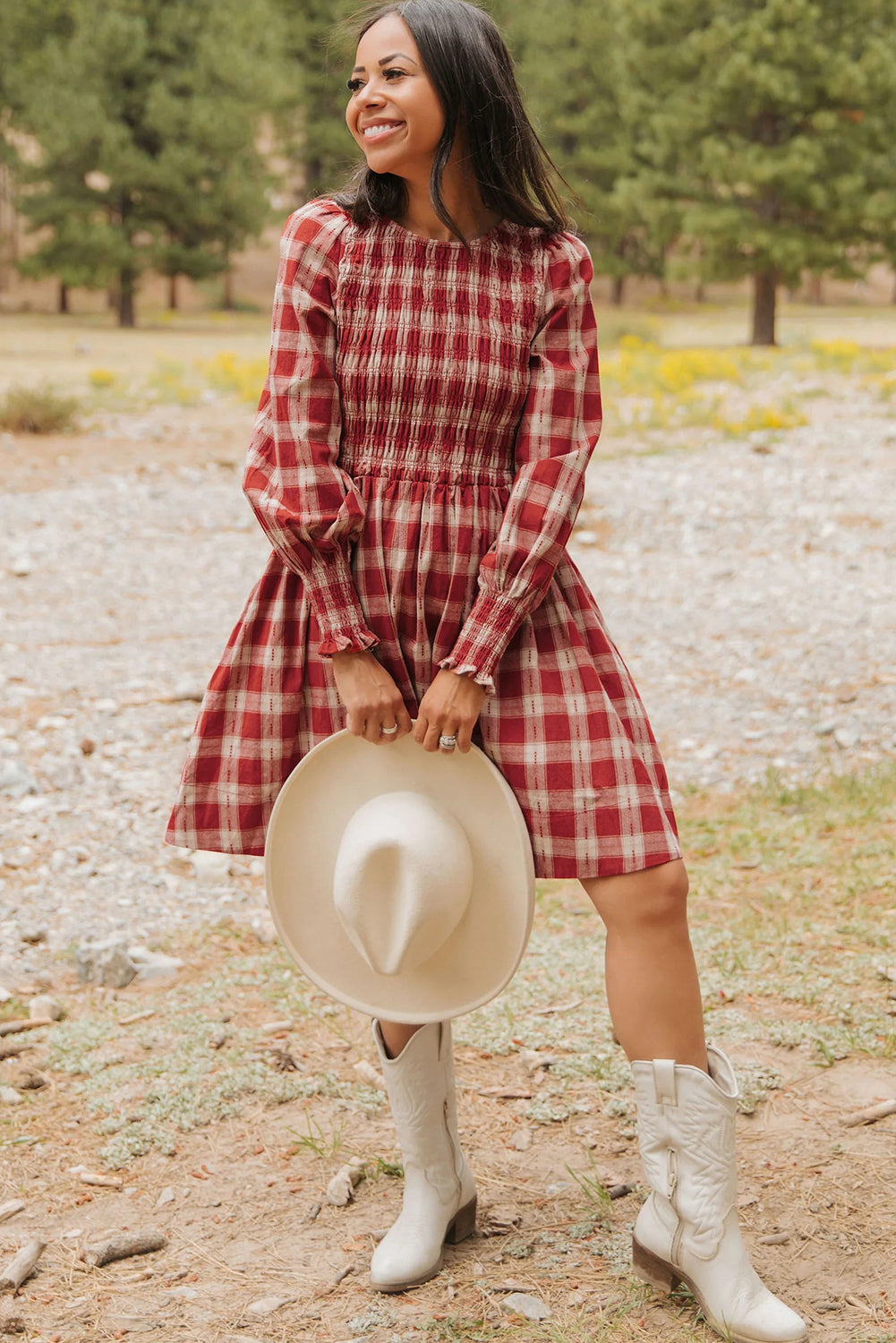 Red Plaid Print Smocked Puff Sleeve Mini Dress-TOPS / DRESSES-[Adult]-[Female]-2022 Online Blue Zone Planet
