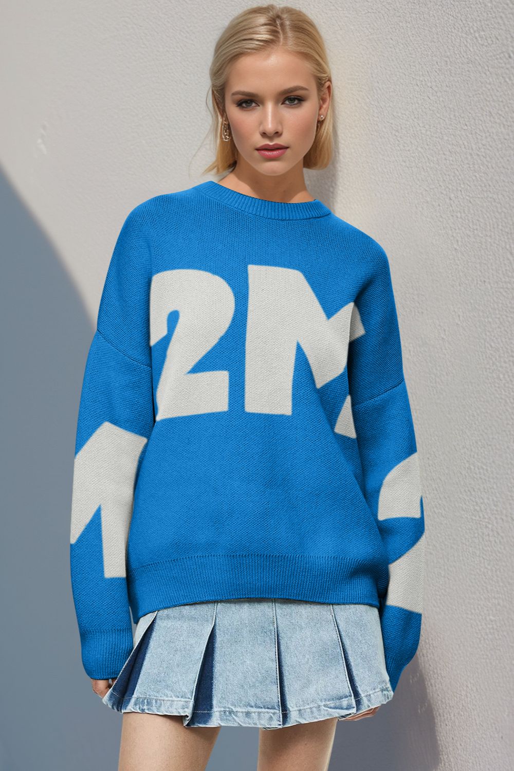 Basic Bae Contrast Letter Round Neck Long Sleeve Sweater-TOPS / DRESSES-[Adult]-[Female]-2022 Online Blue Zone Planet