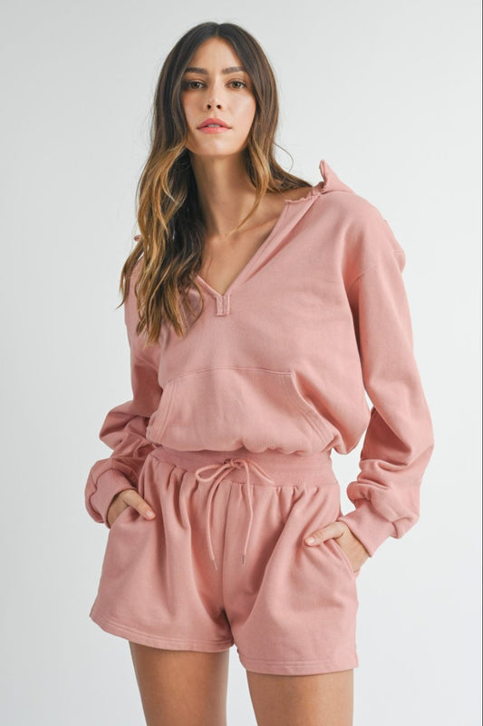 MABLE French Terry Hooded Romper-BOTTOMS SIZES SMALL MEDIUM LARGE-[Adult]-[Female]-Dusty Mauve-S-2022 Online Blue Zone Planet