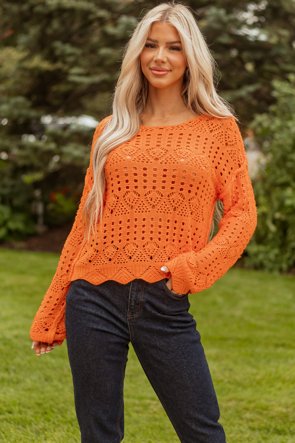 Carrot Solid Color Open Crochet Scallop Edge Sweater-TOPS / DRESSES-[Adult]-[Female]-2022 Online Blue Zone Planet