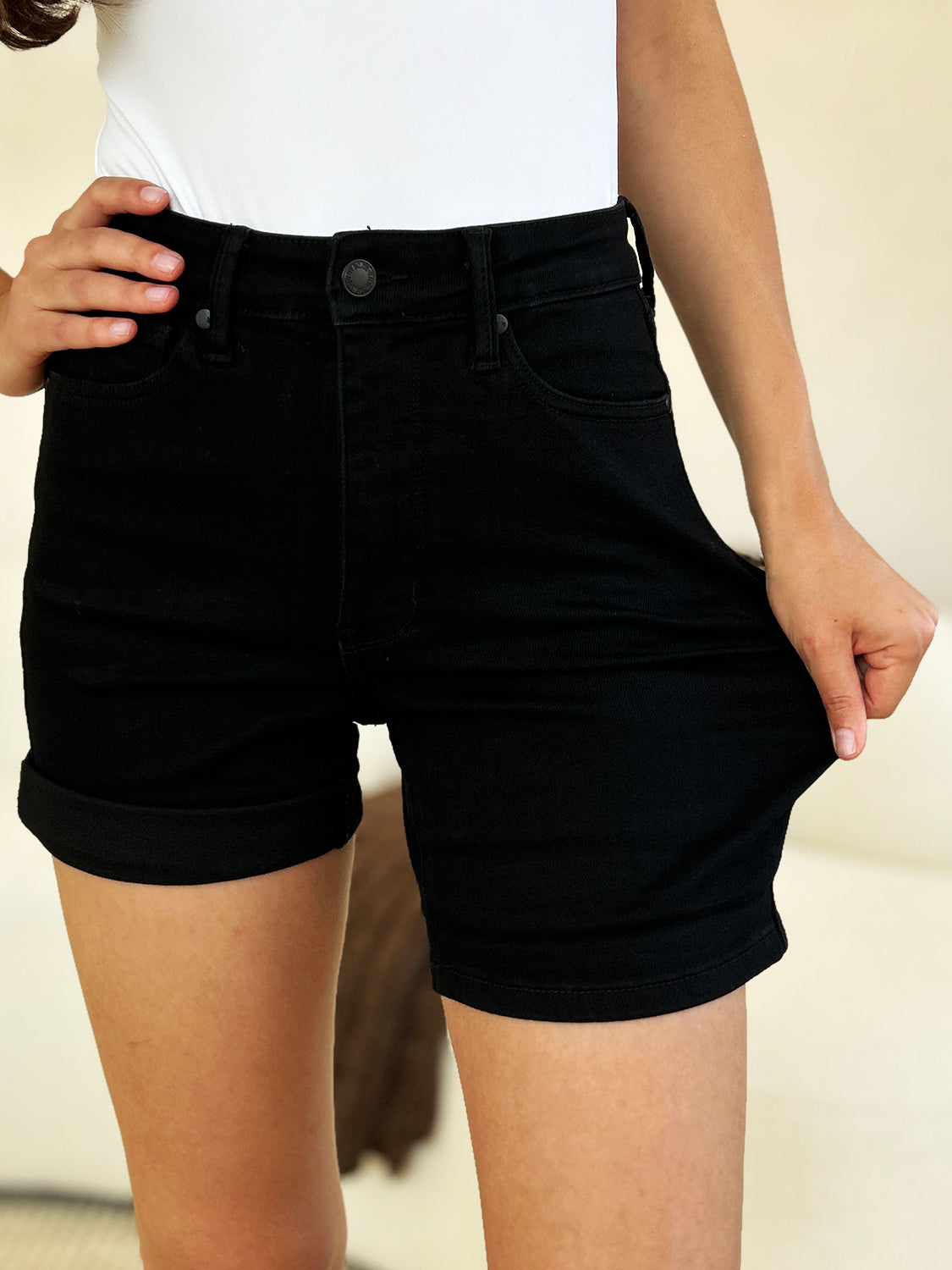 Judy Blue Full Size High Waist Tummy Control Cuffed Denim Shorts-BOTTOMS SIZES SMALL MEDIUM LARGE-[Adult]-[Female]-2022 Online Blue Zone Planet