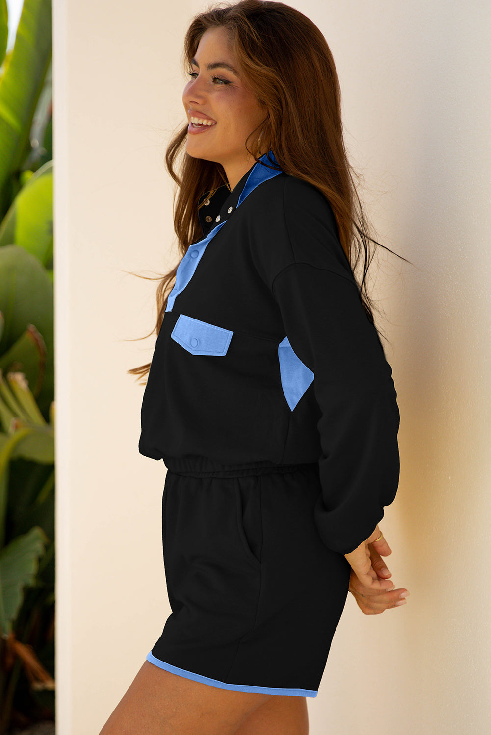 Black Color Block Patchwork Half Button Pullover and Shorts 2pcs Outfit-Two Piece Sets/Short Sets-[Adult]-[Female]-2022 Online Blue Zone Planet
