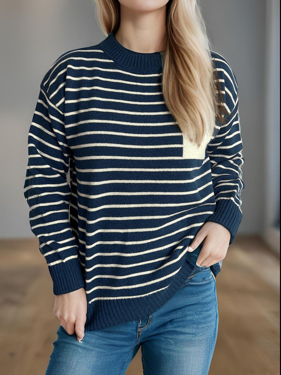 Blue Zone Planet | Striped Mock Neck Long Sleeve Sweater-TOPS / DRESSES-[Adult]-[Female]-2022 Online Blue Zone Planet