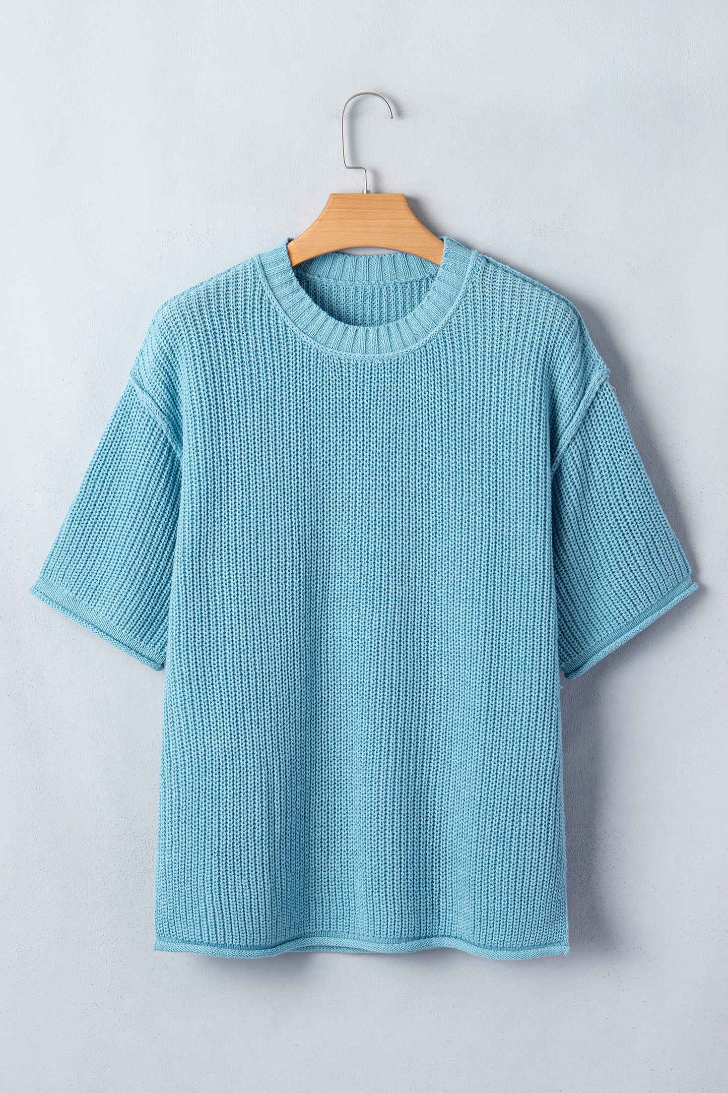 Mist Blue Exposed Seam Detail Half Sleeve Loose Sweater-Sweaters & Cardigans/Short Sleeve Sweaters-[Adult]-[Female]-2022 Online Blue Zone Planet