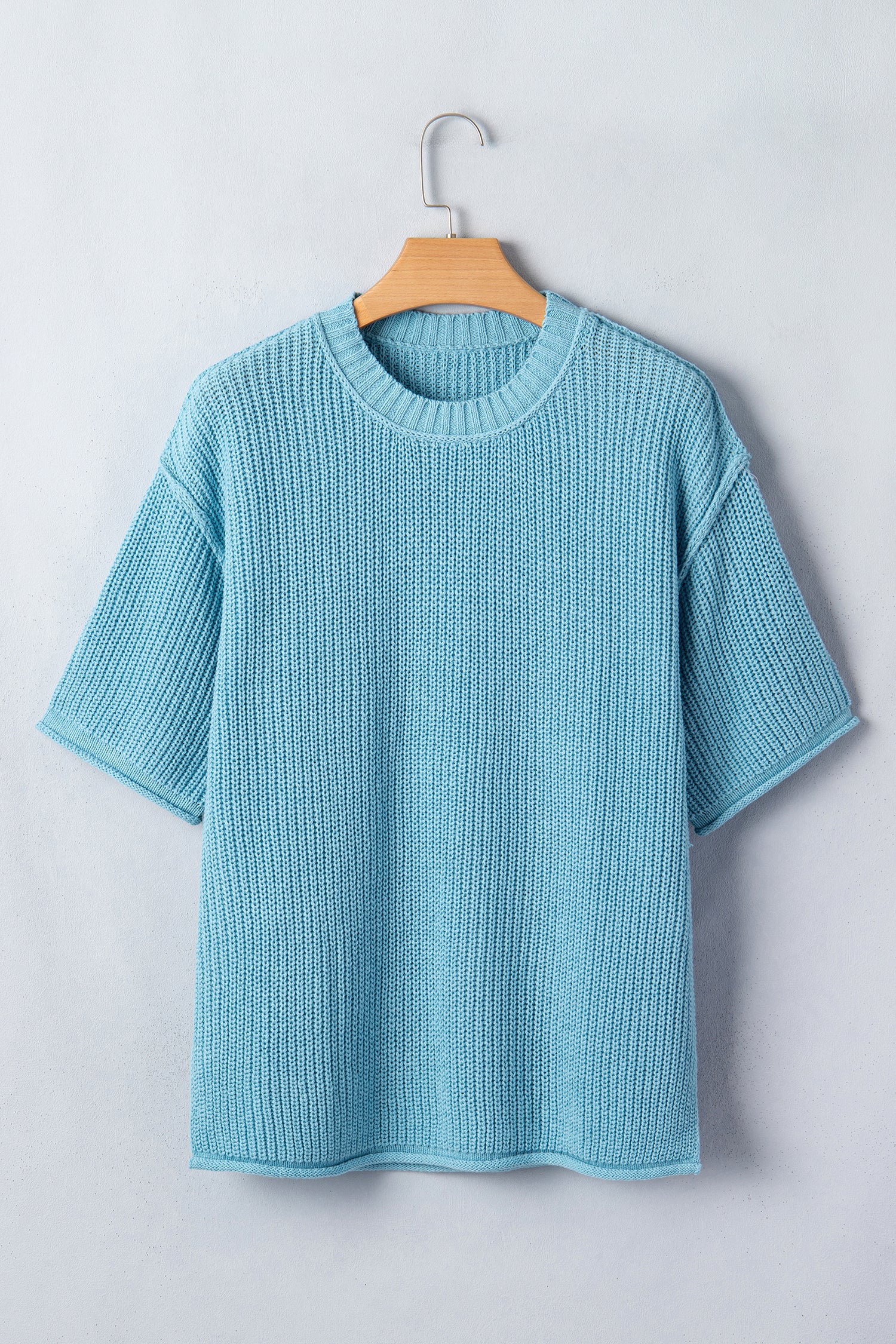 Mist Blue Exposed Seam Detail Half Sleeve Loose Sweater-Sweaters & Cardigans/Short Sleeve Sweaters-[Adult]-[Female]-2022 Online Blue Zone Planet