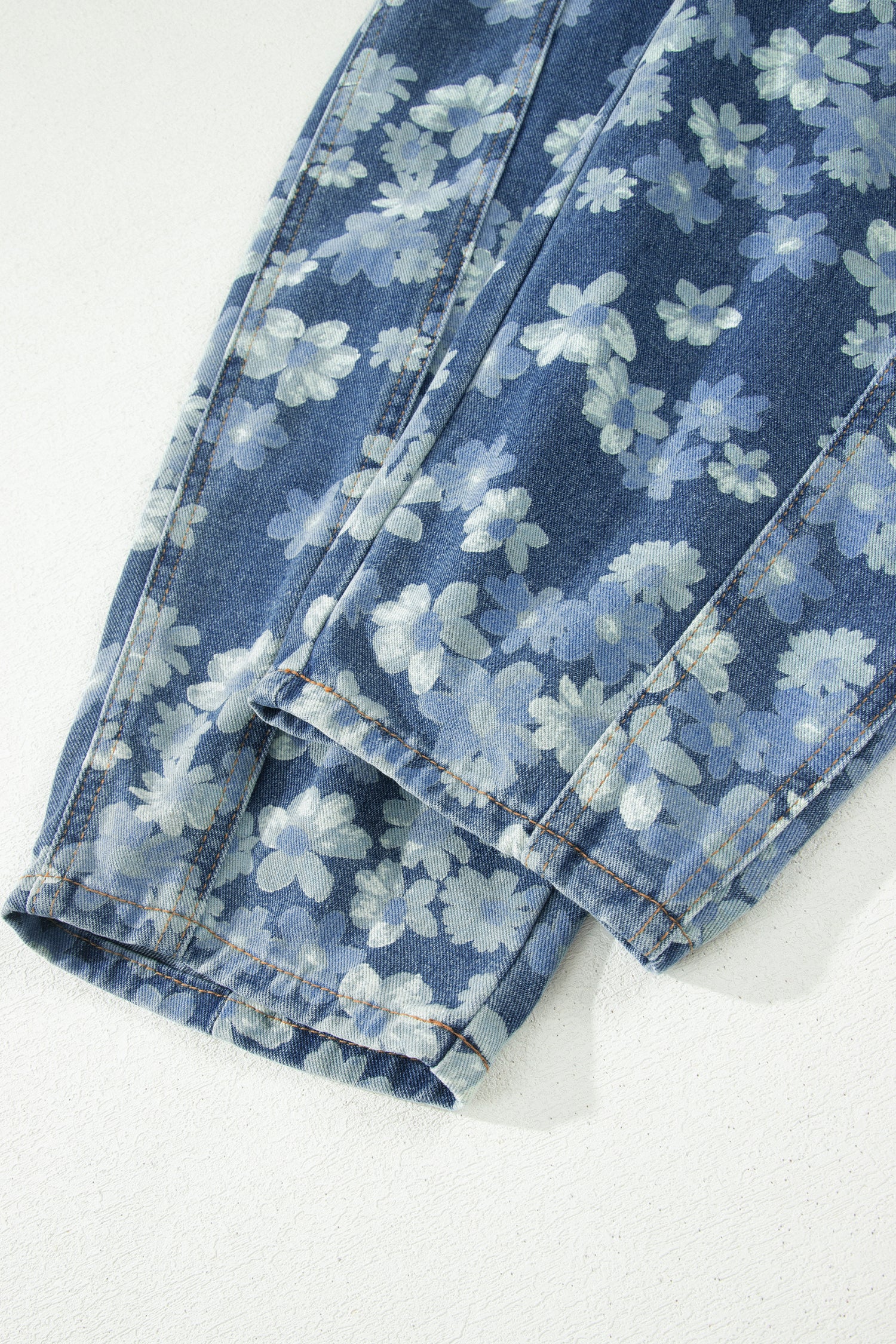 Sky Blue Dainty Floral Printed Drawstring Barrel Jeans-Bottoms/Jeans-[Adult]-[Female]-2022 Online Blue Zone Planet