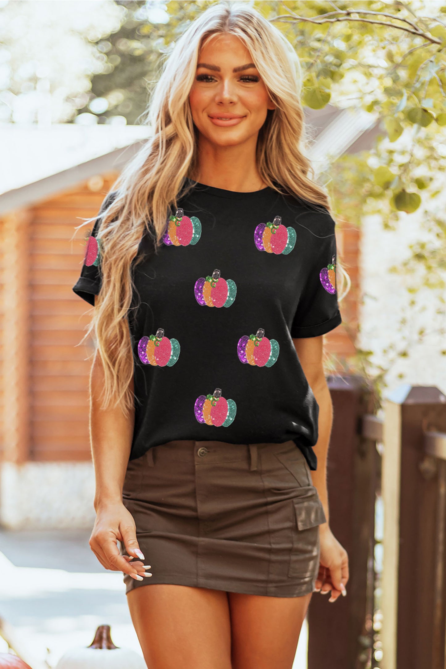 Black Sequined Pumpkin Graphic Round Neck Casual T Shirt-Graphic/Graphic Tees-[Adult]-[Female]-2022 Online Blue Zone Planet