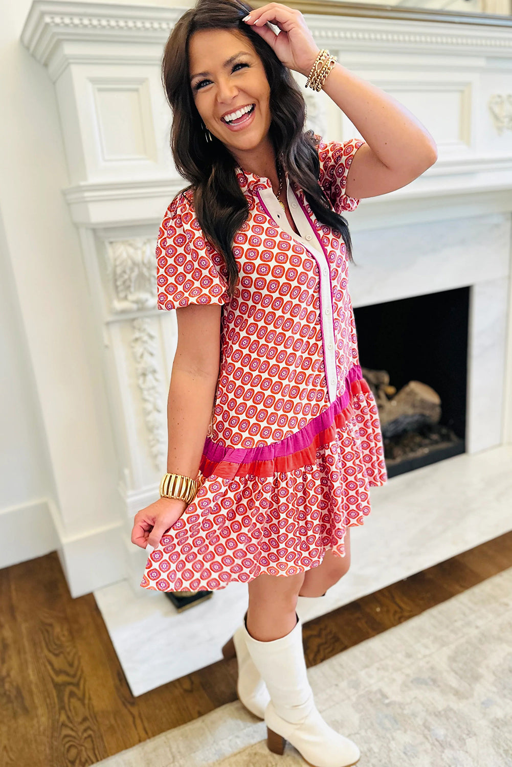 Orange Geometric Floral Print Color Block Trim Button Front Ruffle Hem Dress-TOPS / DRESSES-[Adult]-[Female]-2022 Online Blue Zone Planet