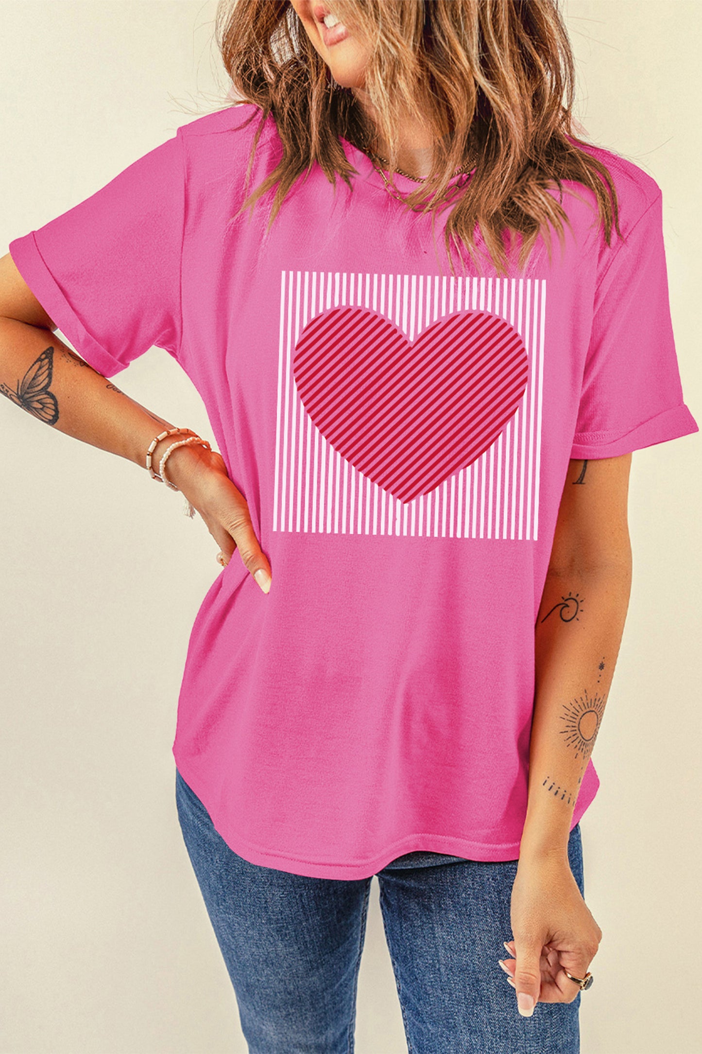 Sachet Pink Contrast Striped Heart Printed Valentines Day T Shirt-Graphic Tees-[Adult]-[Female]-2022 Online Blue Zone Planet
