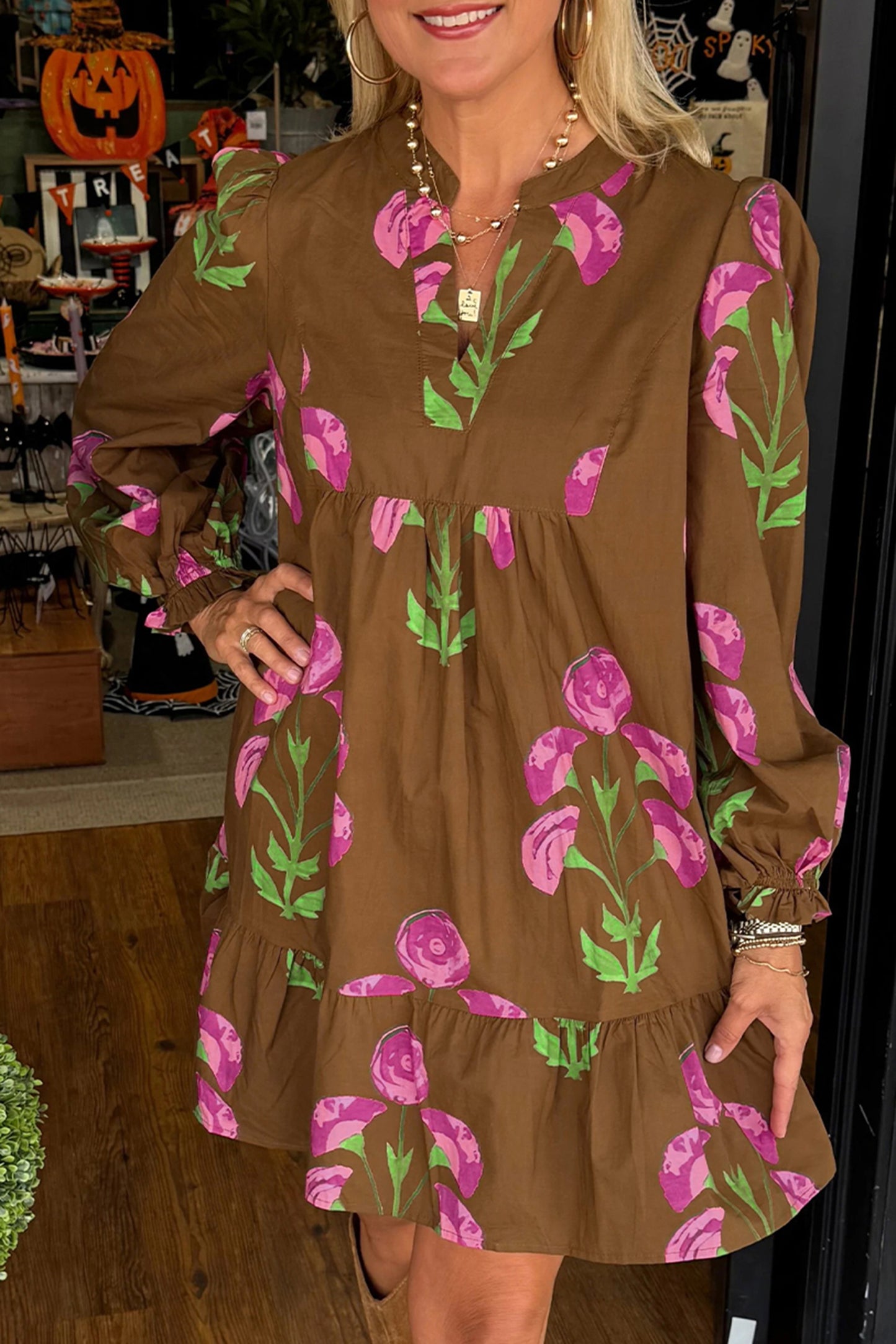 Brown Contrast Floral Print Babydoll Tunic Ruffled Hem Puff Sleeve Dress-Dresses/Floral Dresses-[Adult]-[Female]-Brown-S-2022 Online Blue Zone Planet