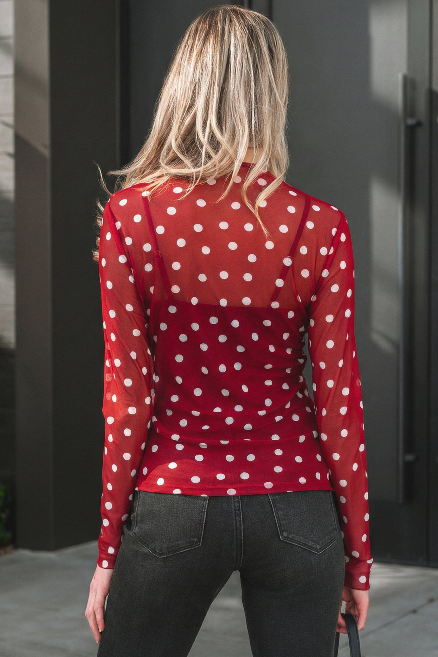 Red Polka Dot Patterned Bodycon Mock Neck Mesh Long Sleeve Top-Tops/Long Sleeve Tops-[Adult]-[Female]-2022 Online Blue Zone Planet