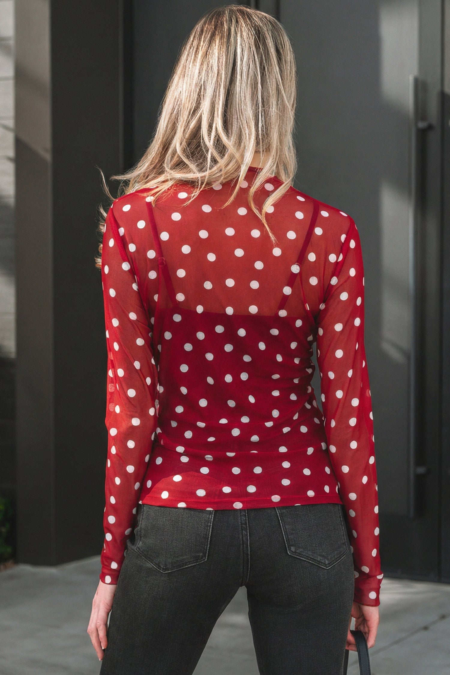 Red Polka Dot Patterned Bodycon Mock Neck Mesh Long Sleeve Top-Tops/Long Sleeve Tops-[Adult]-[Female]-2022 Online Blue Zone Planet