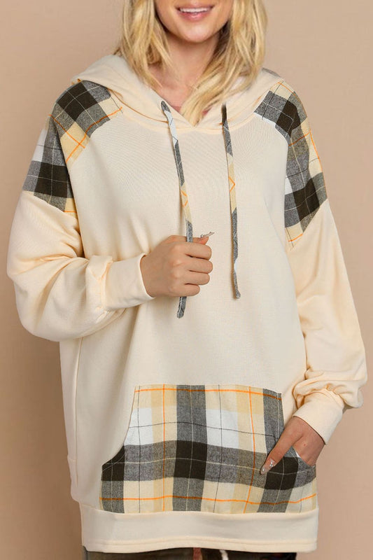 Drawstring Plaid Long Sleeve Hoodie-TOPS / DRESSES-[Adult]-[Female]-Cream-S-2022 Online Blue Zone Planet