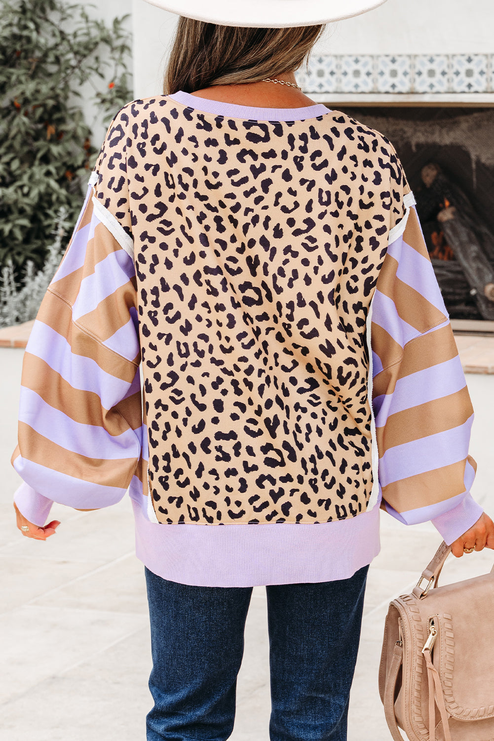 Purple Stripe Color Block Patchwork Leopard Casual Sweatshirt with Slits-Tops/Sweatshirts & Hoodies-[Adult]-[Female]-2022 Online Blue Zone Planet