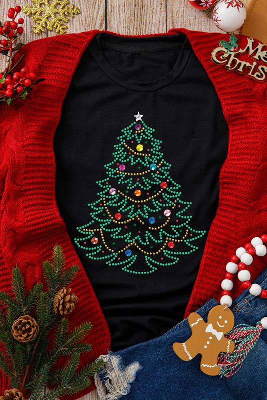 Black Rhinestone Christmas Tree Round Neck Graphic Tee-Graphic/Graphic Tees-[Adult]-[Female]-Black-S-2022 Online Blue Zone Planet