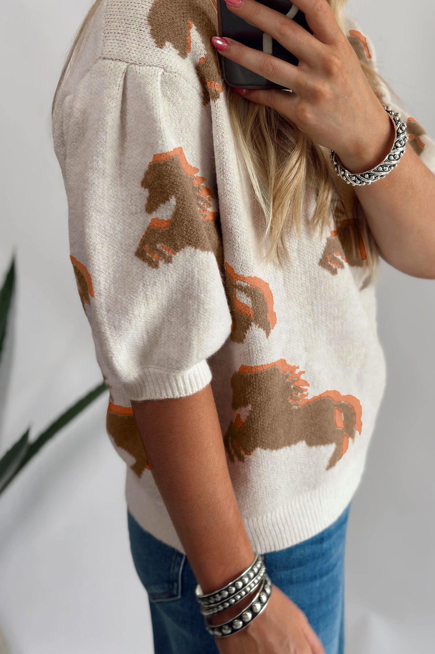 White Western Horse Printed Short Puff Sleeve Sweater-Sweaters & Cardigans/Short Sleeve Sweaters-[Adult]-[Female]-2022 Online Blue Zone Planet