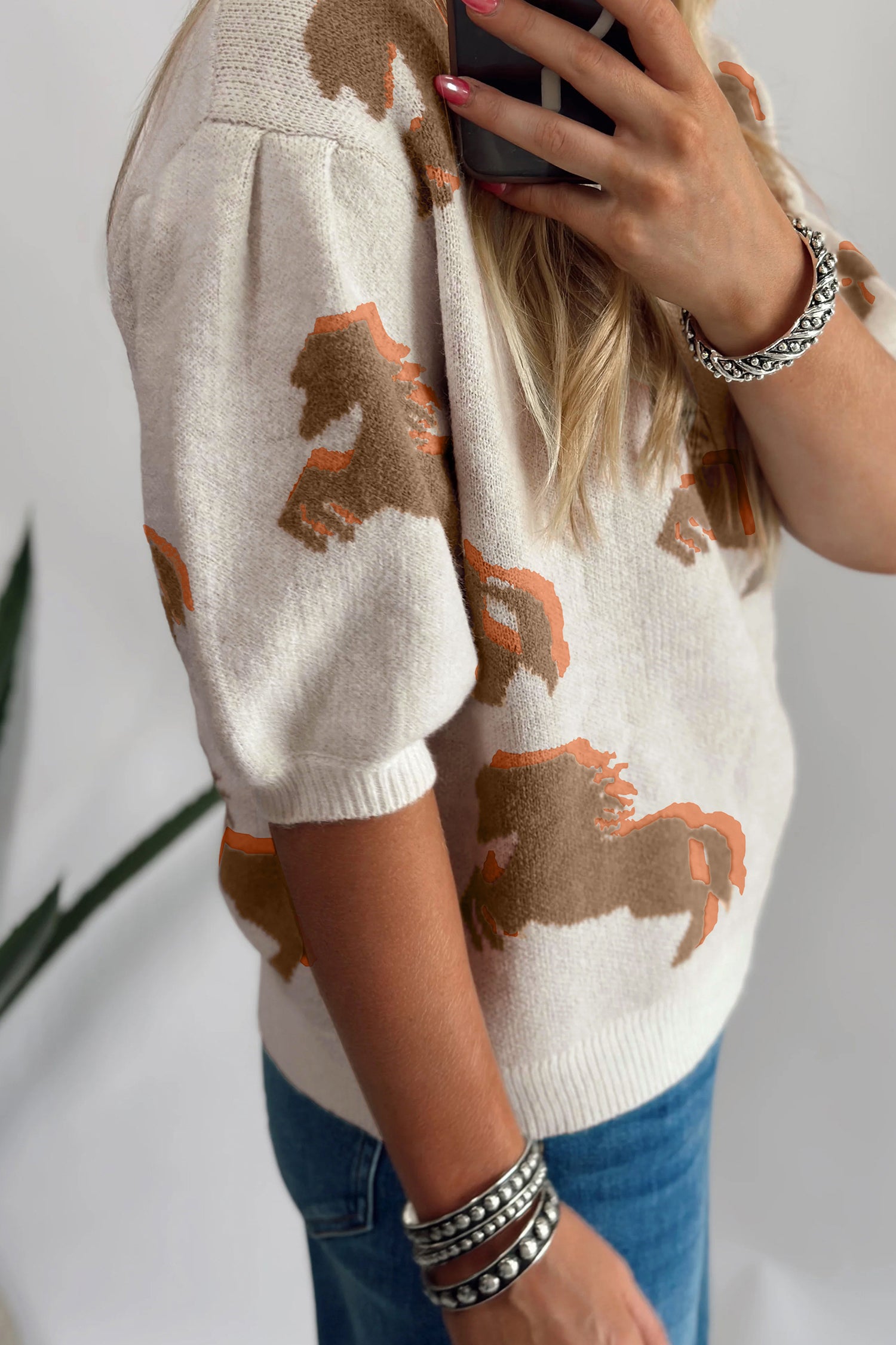 White Western Horse Printed Short Puff Sleeve Sweater-Sweaters & Cardigans/Short Sleeve Sweaters-[Adult]-[Female]-2022 Online Blue Zone Planet