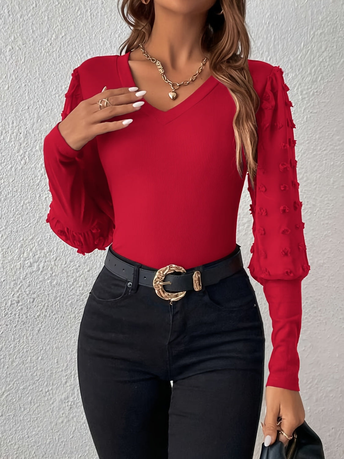 Swiss Dot V-Neck Long Sleeve Top-TOPS / DRESSES-[Adult]-[Female]-Deep Red-S-2022 Online Blue Zone Planet