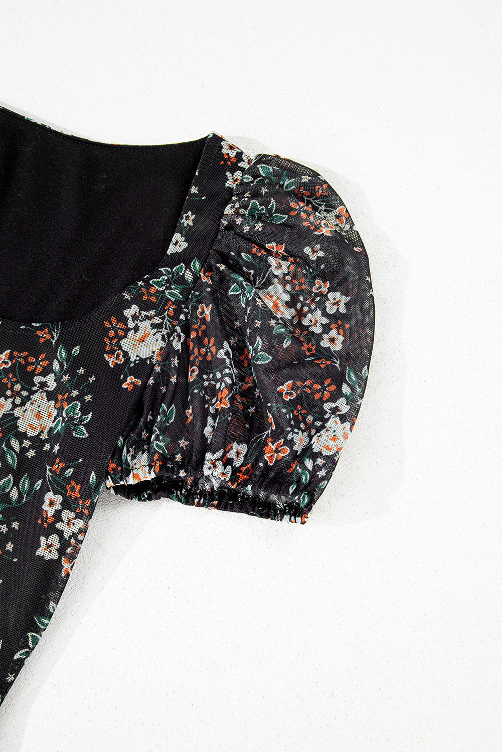 Black Floral Print U Neck Short Puff Sleeve Bodysuit-Tops/Bodysuits-[Adult]-[Female]-2022 Online Blue Zone Planet
