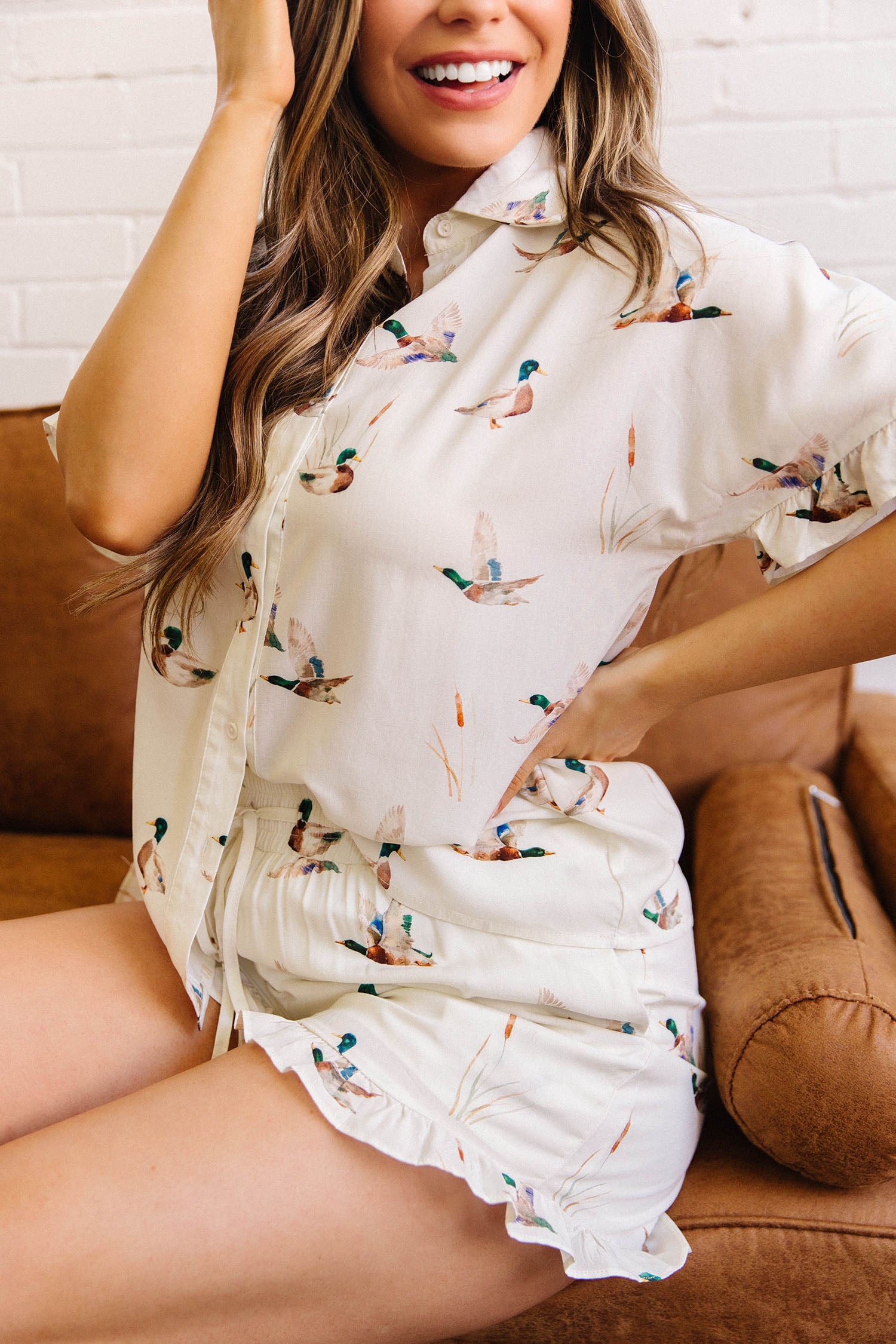 Beige Mallard Print Shirt Style Short Two Piece Set-Two Piece Sets/Short Sets-[Adult]-[Female]-2022 Online Blue Zone Planet