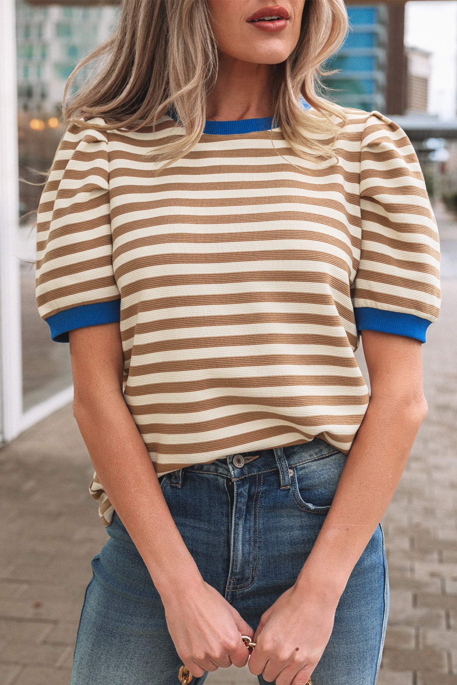 Brown Stripe Short Puff Sleeve Contrast Trim Round Neck Tee-Tops/Tops & Tees-[Adult]-[Female]-2022 Online Blue Zone Planet