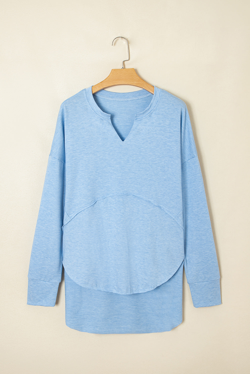 Myosotis Notched Neck Terry Raw Hem Long Sleeve Top-Tops/Long Sleeve Tops-[Adult]-[Female]-2022 Online Blue Zone Planet