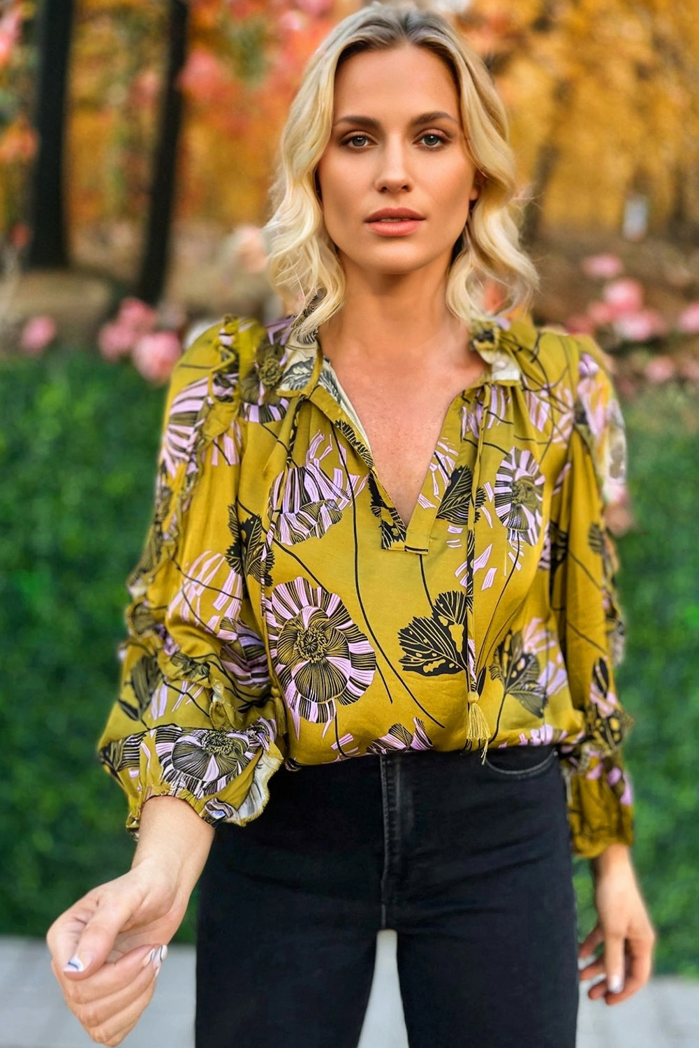 Yellow Vintage Floral V Neck Ruffle Trim Long Sleeve Blouse-Tops/Blouses & Shirts-[Adult]-[Female]-2022 Online Blue Zone Planet