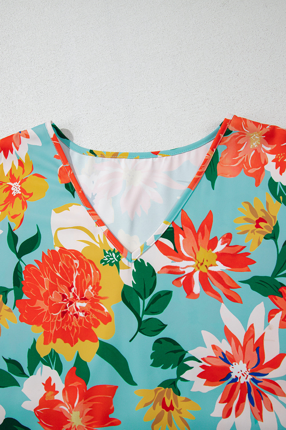 Sky Blue Plus Size Floral Print V Neck Batwing Sleeve Blouse-Plus Size/Plus Size Tops/Plus Size Blouses & Shirts-[Adult]-[Female]-2022 Online Blue Zone Planet
