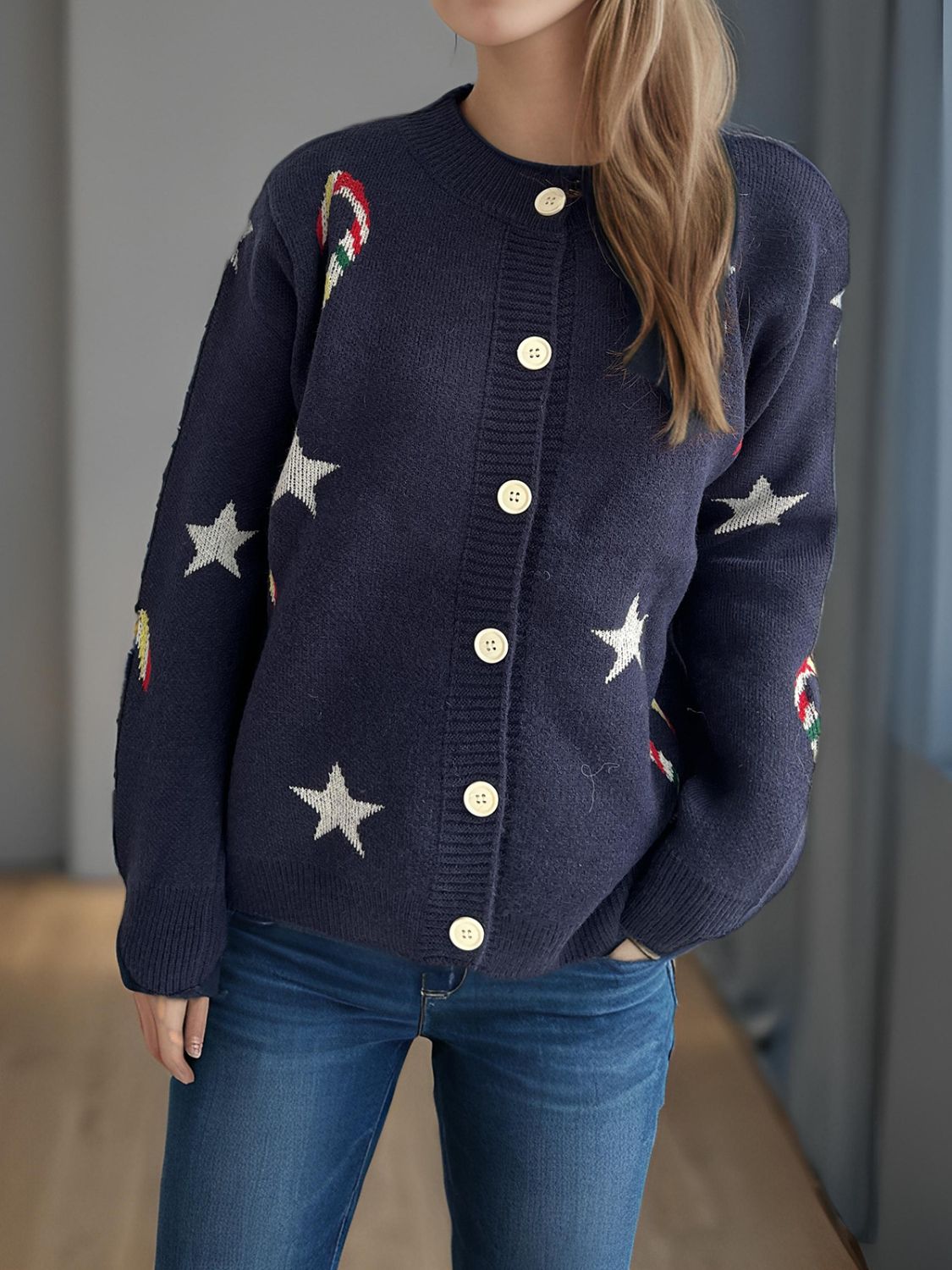 Candy Cane & Star Button Down Long Sleeve Cardigan-TOPS / DRESSES-[Adult]-[Female]-2022 Online Blue Zone Planet