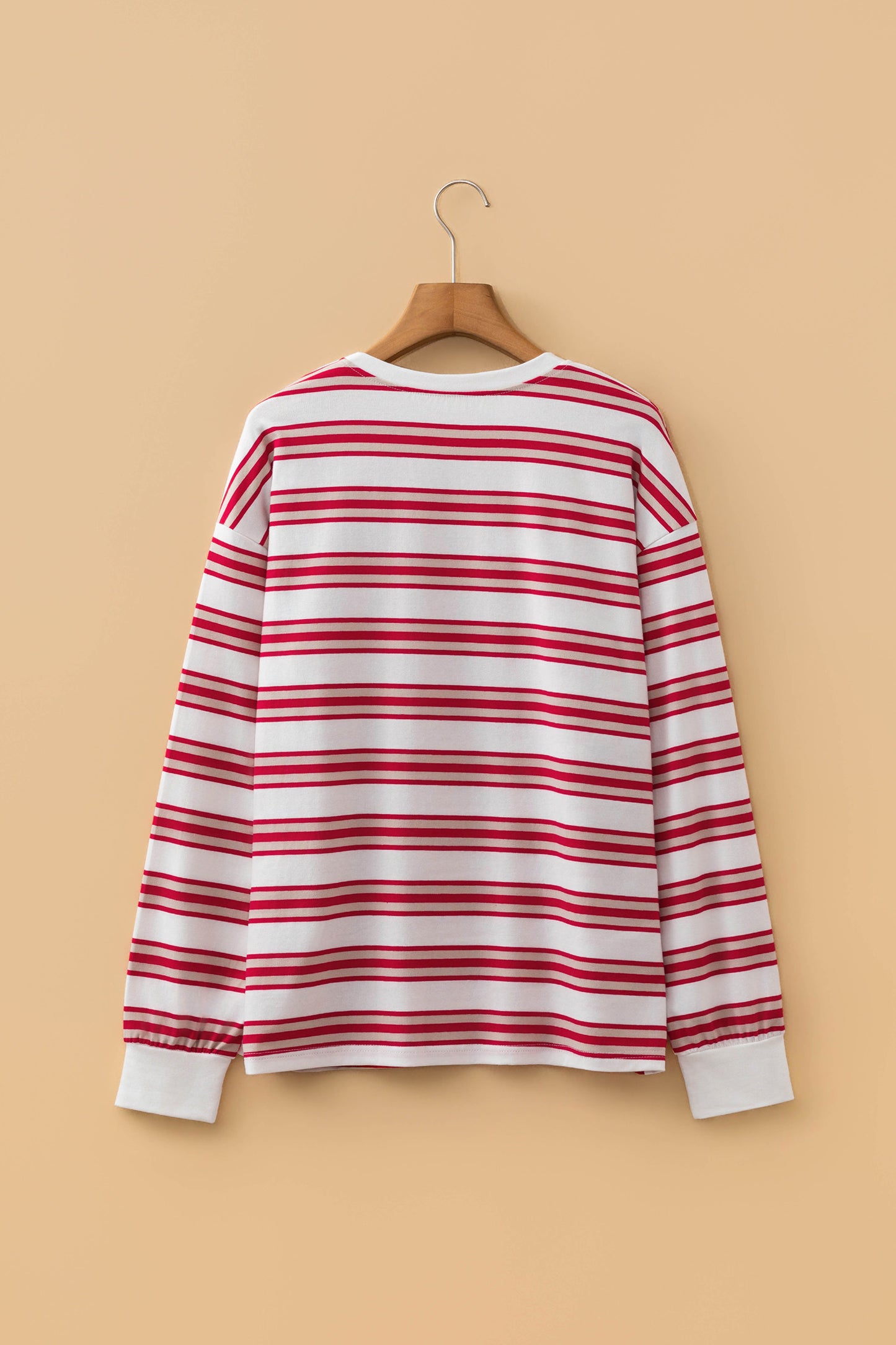 Red Stripe Dropped Shoulder Long Sleeve Casual Pullover Top-Tops/Long Sleeve Tops-[Adult]-[Female]-2022 Online Blue Zone Planet