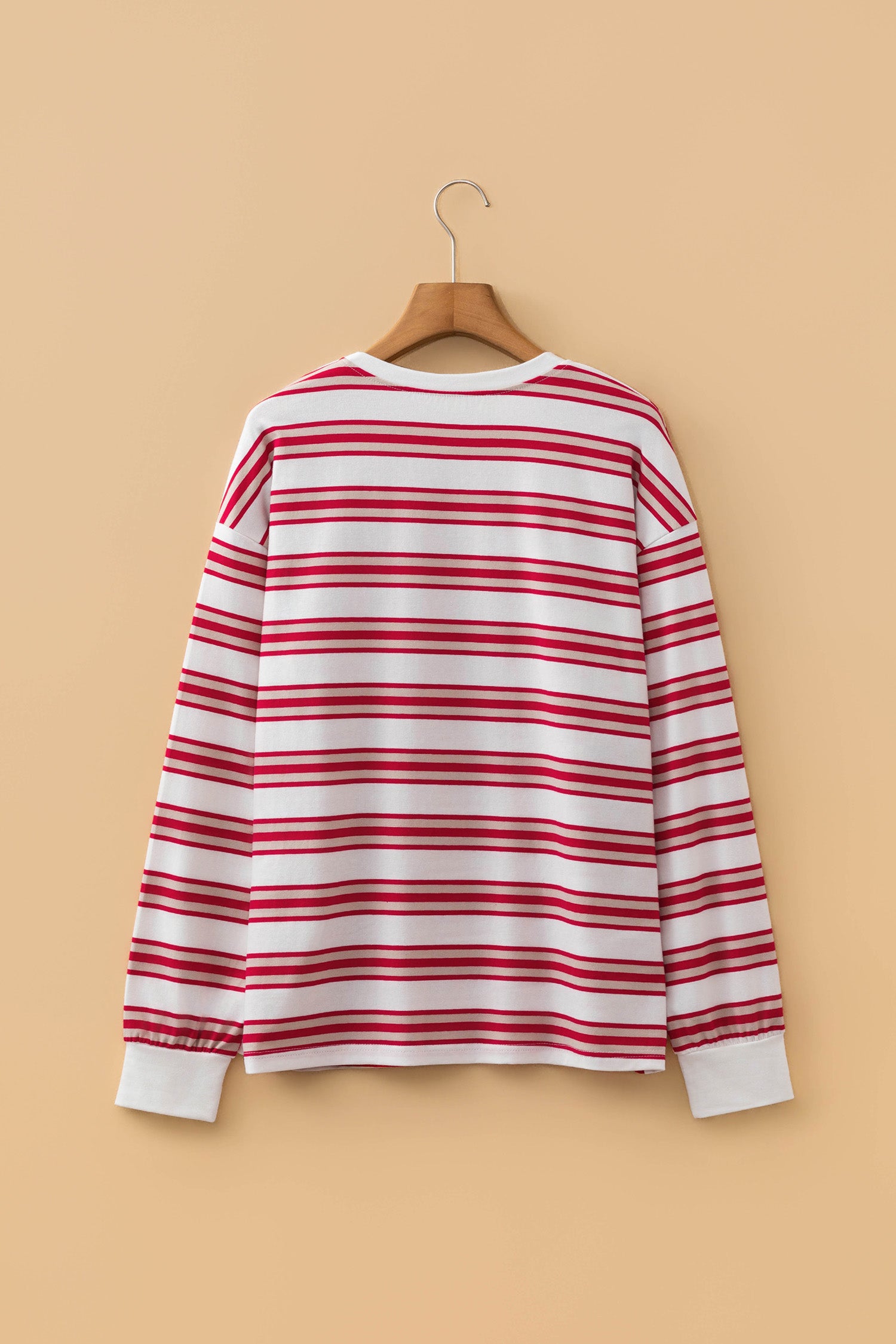 Red Stripe Dropped Shoulder Long Sleeve Casual Pullover Top-Tops/Long Sleeve Tops-[Adult]-[Female]-2022 Online Blue Zone Planet