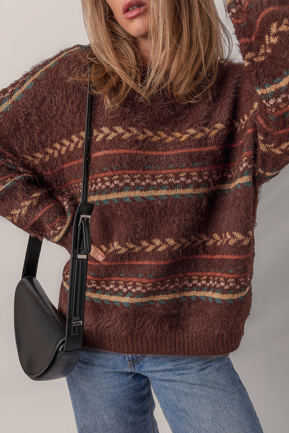 Brown Ethnic Pattern Mohair Knitted Drop Shoulder Sweater-TOPS / DRESSES-[Adult]-[Female]-2022 Online Blue Zone Planet