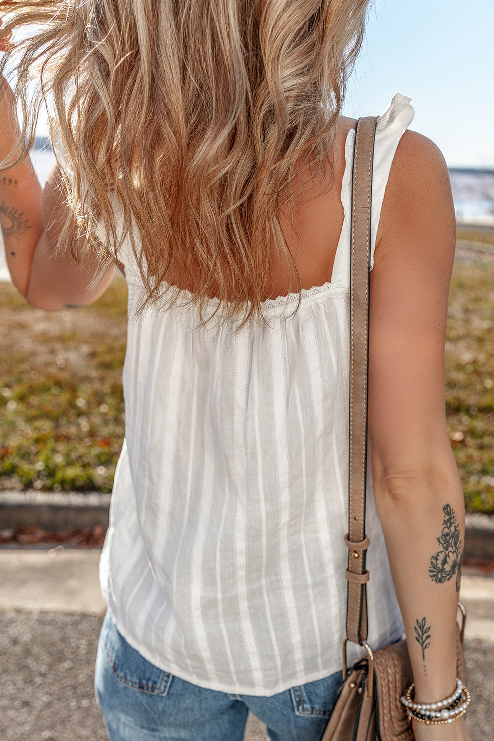 White Lace Crochet Ruffled Buttoned Loose Fit Tank Top-Tops/Tank Tops-[Adult]-[Female]-2022 Online Blue Zone Planet
