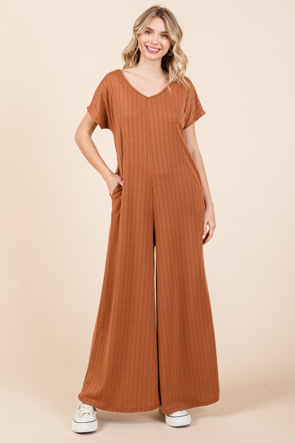 Blue Zone Planet | BOMBOM Ribbed Short Sleeve Wide Leg Jumpsuit-TOPS / DRESSES-[Adult]-[Female]-2022 Online Blue Zone Planet