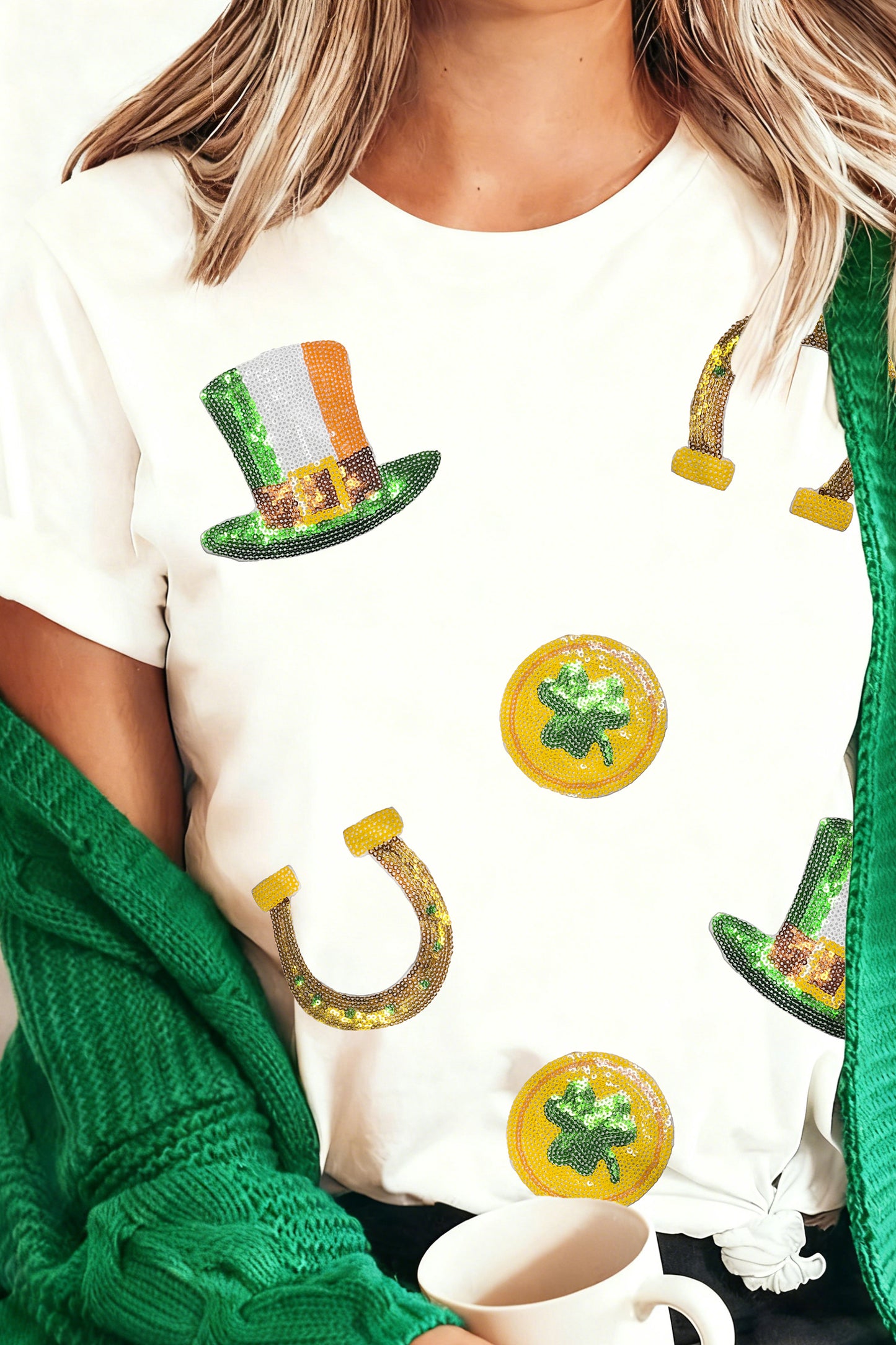 White St Patricks Day Sequin Graphic Casual T Shirt-Graphic/Graphic Tees-[Adult]-[Female]-White-S-2022 Online Blue Zone Planet