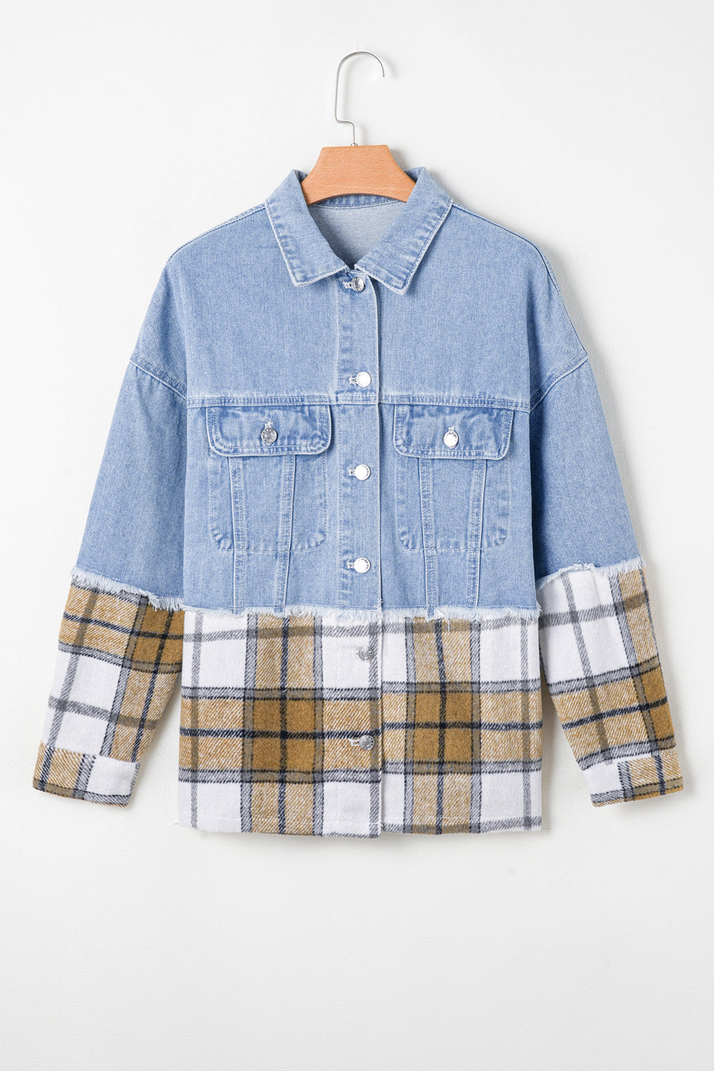 Blue Zone Planet | Khaki Plaid Patchwork Buttoned Oversized Denim Jacket-Outerwear/Denim jackets-[Adult]-[Female]-2022 Online Blue Zone Planet