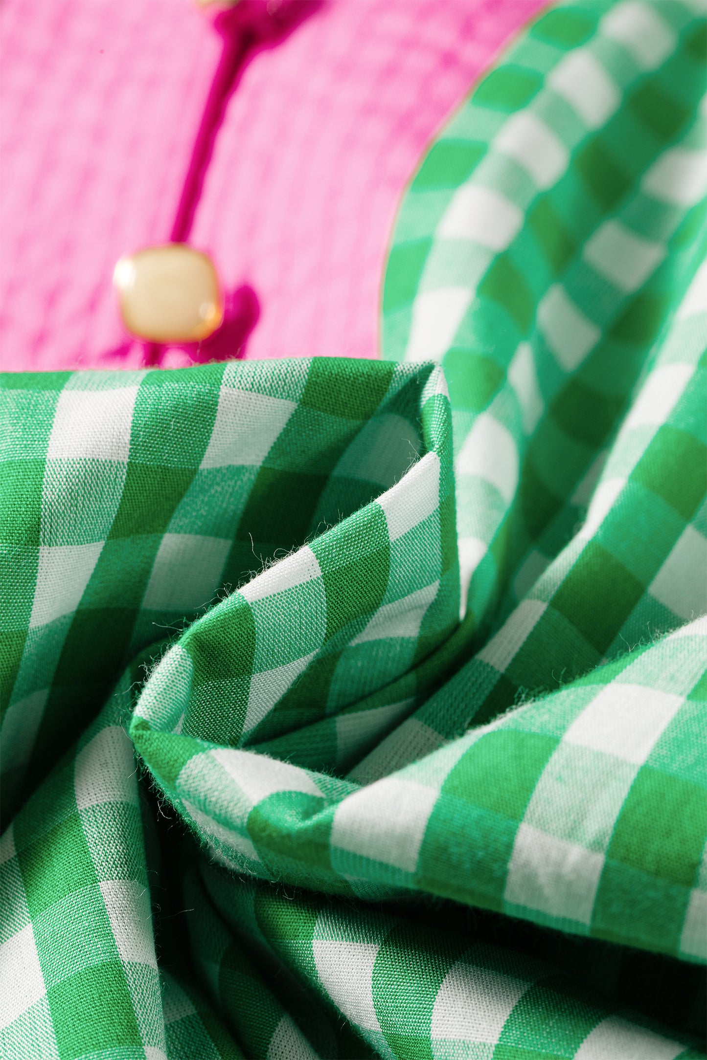 Green Gingham Plaid Bubble Sleeve Colorblock Trim V Neck Blouse-Tops/Blouses & Shirts-[Adult]-[Female]-2022 Online Blue Zone Planet