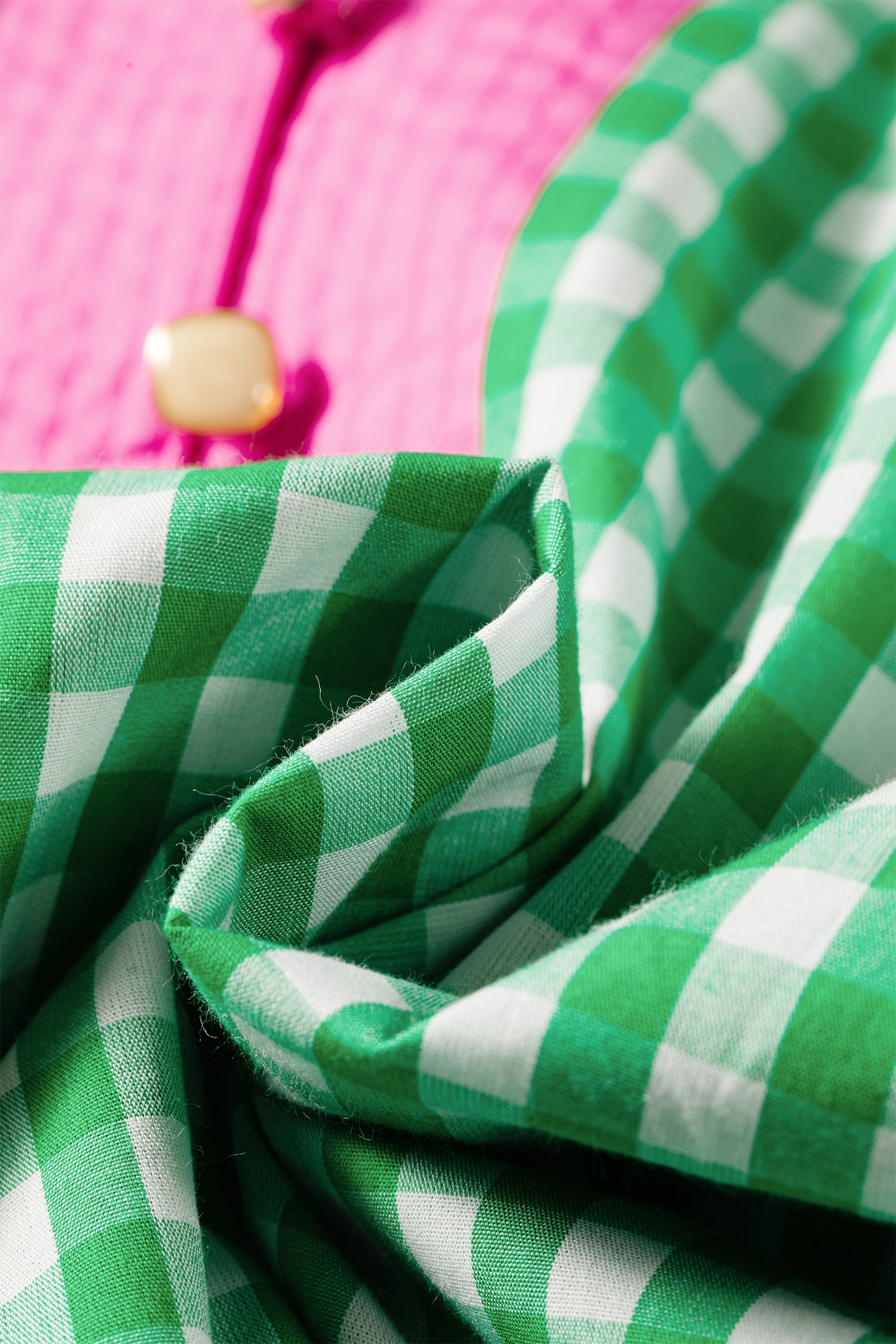 Green Gingham Plaid Bubble Sleeve Colorblock Trim V Neck Blouse-Tops/Blouses & Shirts-[Adult]-[Female]-2022 Online Blue Zone Planet