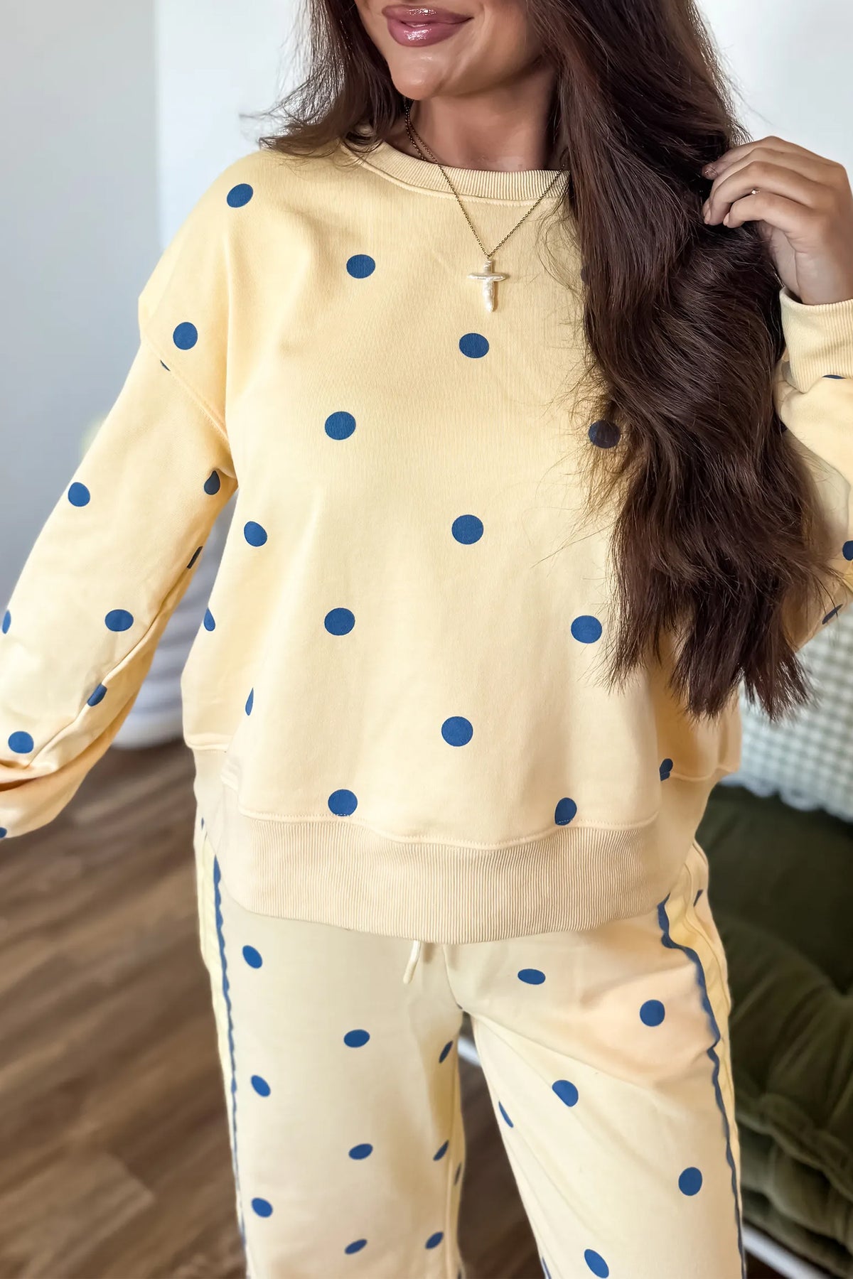 Yellow Polka Dot Long Sleeve Top Patchwork Detail Loose Pant Set