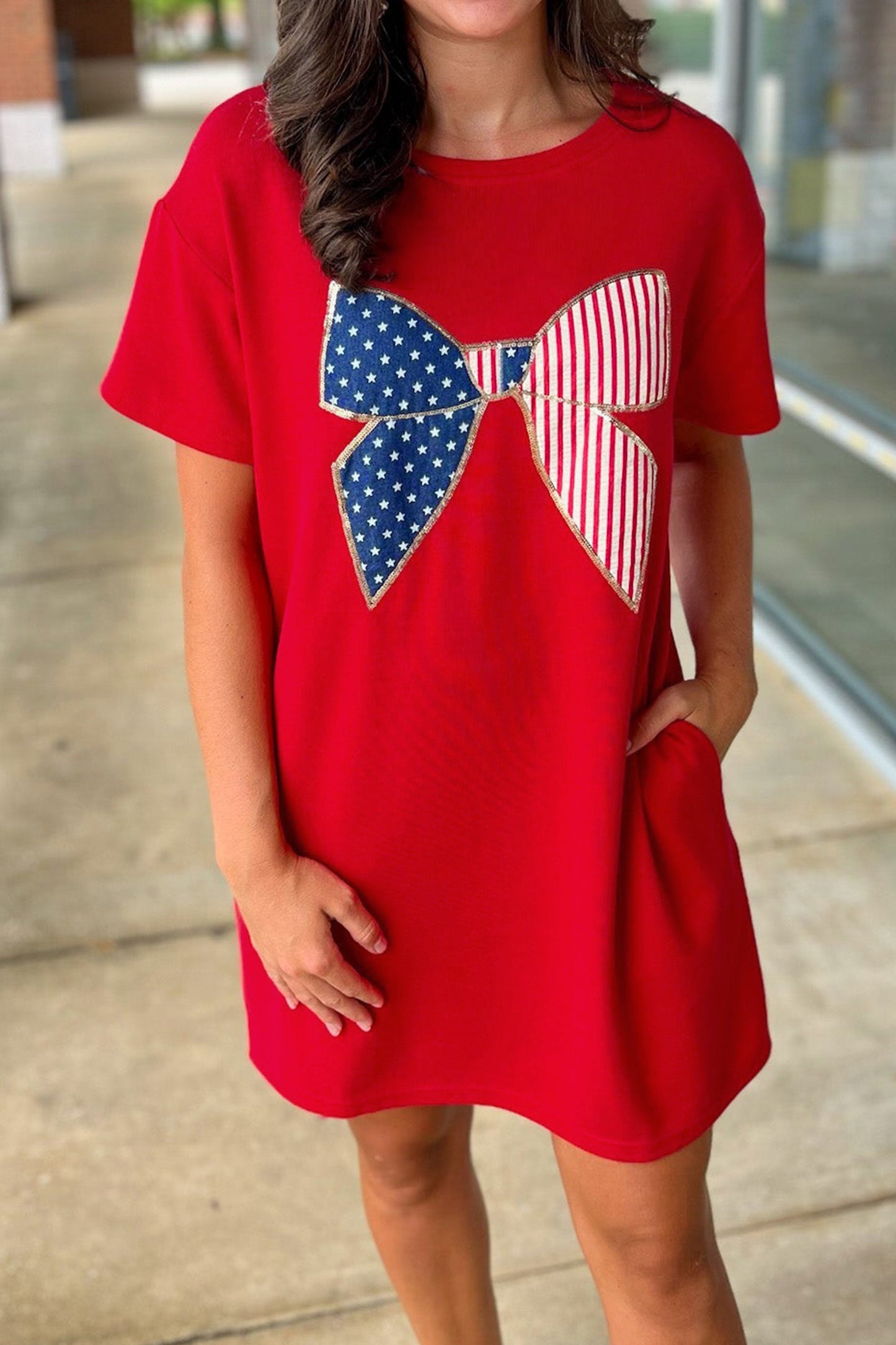 Fiery Red Sequin Trim Stars and Stripes Bow Patched T Shirt Mini Dress-Dresses/T Shirt Dresses-[Adult]-[Female]-Fiery Red-S-2022 Online Blue Zone Planet