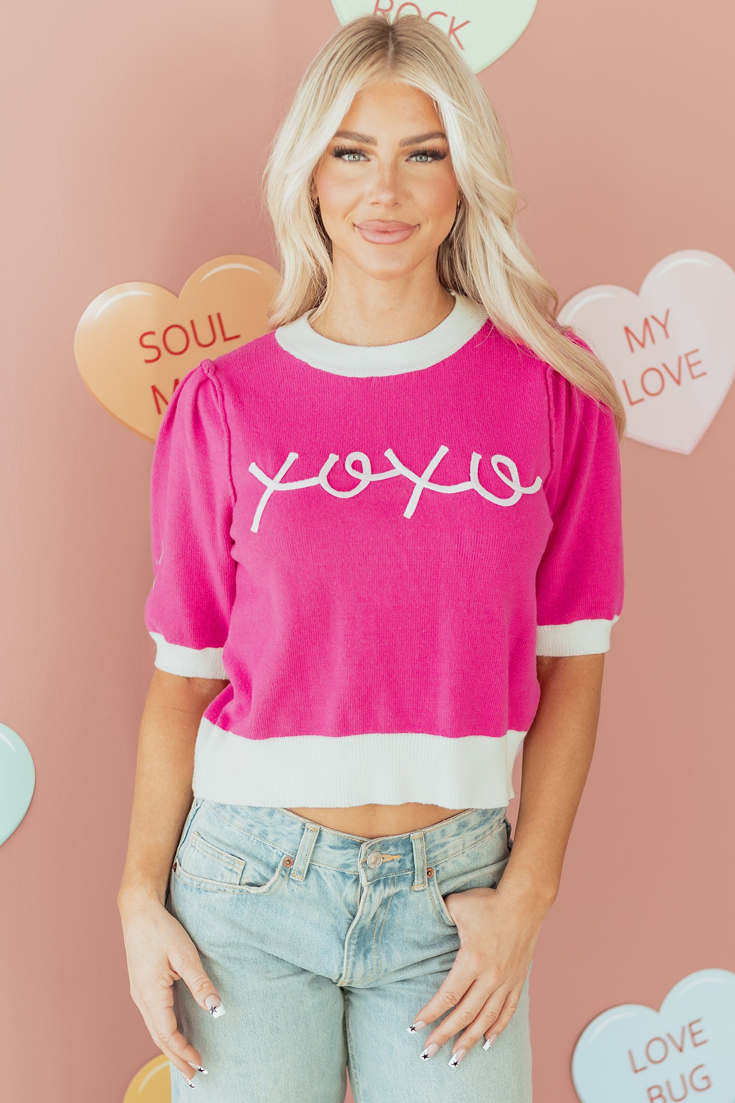 Bright Pink XOXO Embroidered Graphic Valentines Contrast Trim Crew Neck Short Puff Sleeve Sweater Tee-TOPS / DRESSES-[Adult]-[Female]-2022 Online Blue Zone Planet