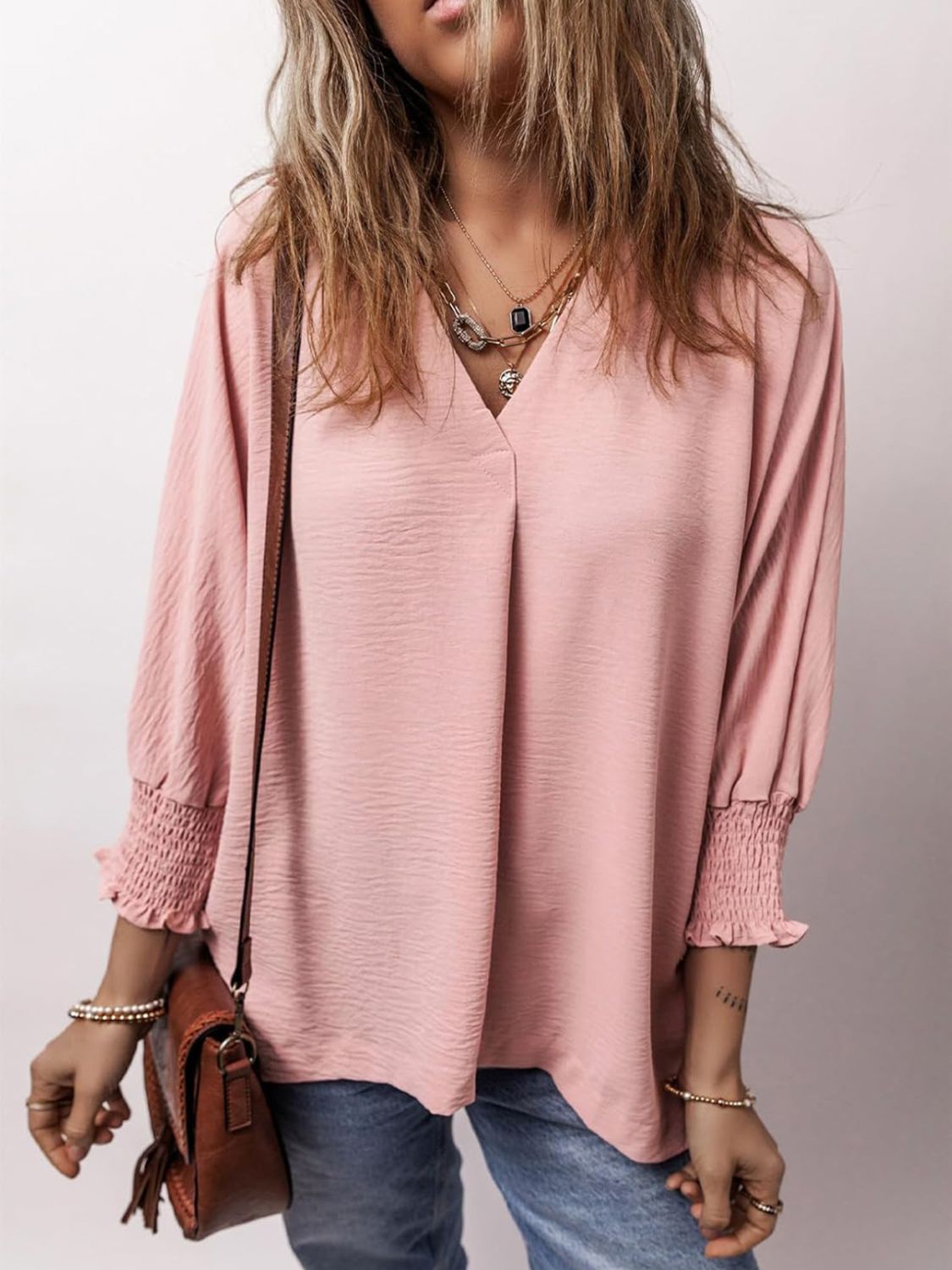 Johnny Collar Three-Quarter Sleeve Blouse-TOPS / DRESSES-[Adult]-[Female]-Blush Pink-S-2022 Online Blue Zone Planet